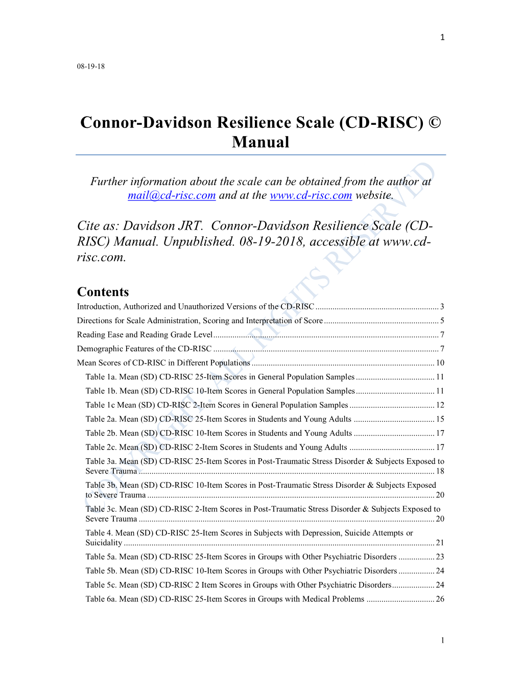 Connor-Davidson Resilience Scale (CD-RISC) © Manual