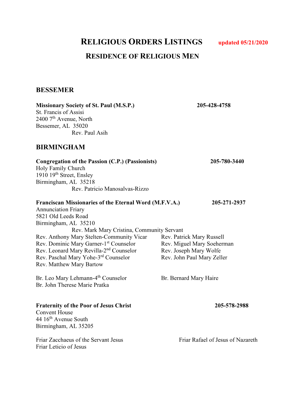 Residence of Religious Men Bessemer Birmingham