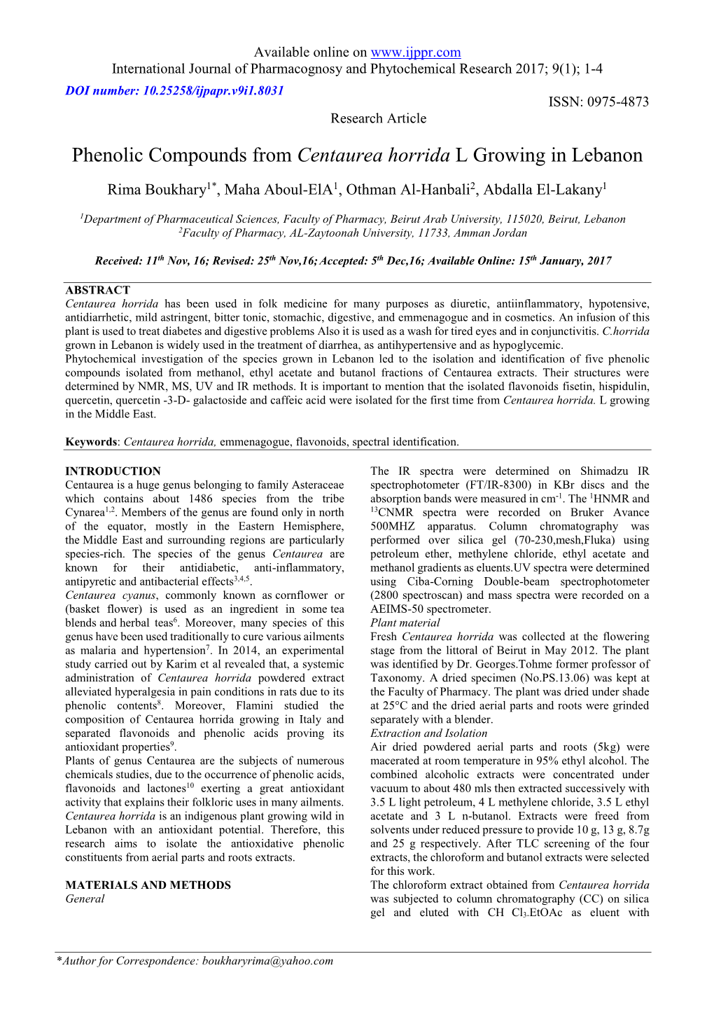 Phenolic Compounds from Centaurea Horrida L Growing in Lebanon