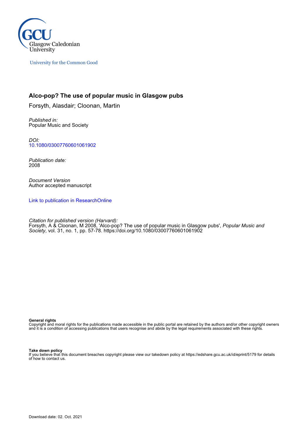 Alco-Pop? the Use of Popular Music in Glasgow Pubs Forsyth, Alasdair; Cloonan, Martin