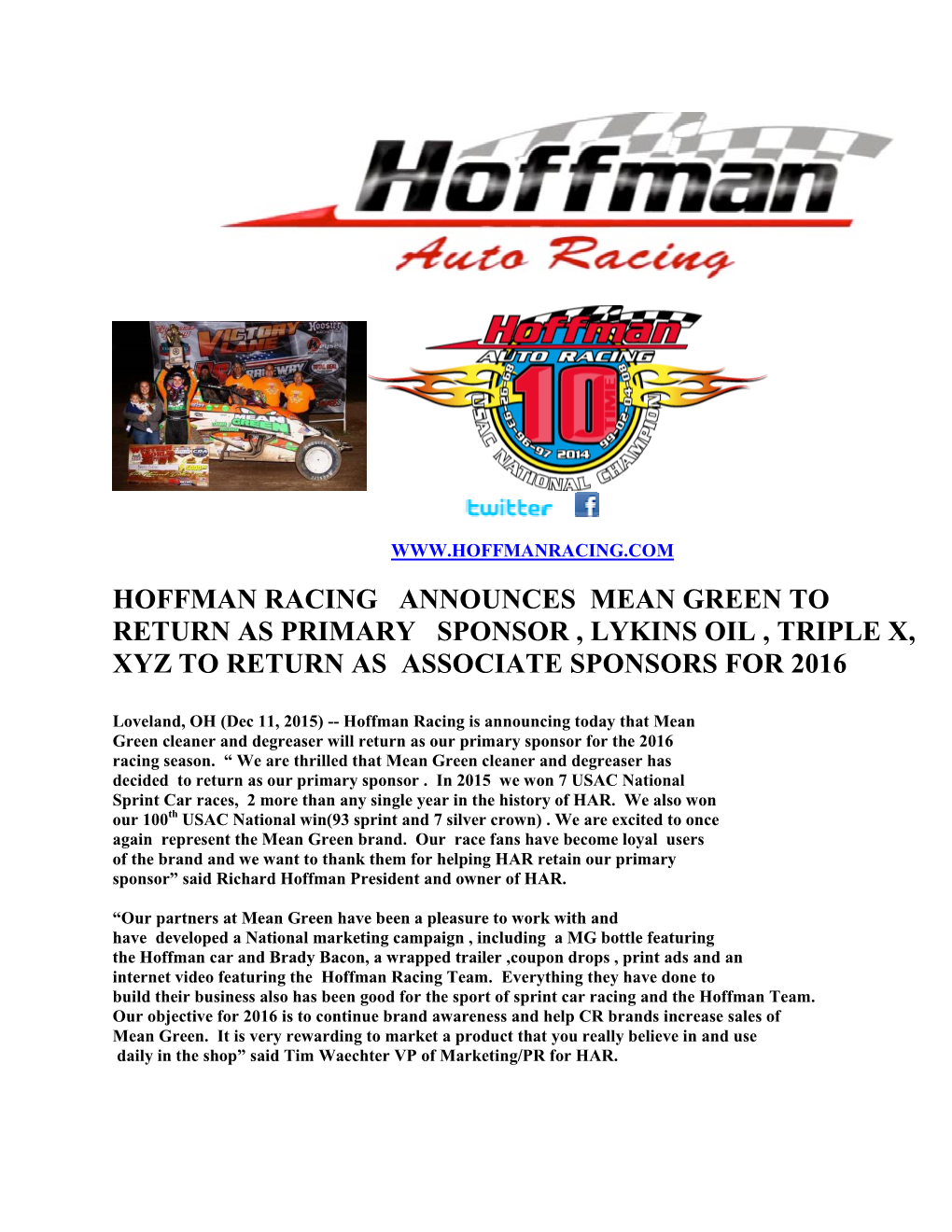 Hoffman Racing Announces Mean Green to Return As Primary Sponsor , Lykins Oil , Triple X, Xyz to Return As Associate Sponsors for 2016