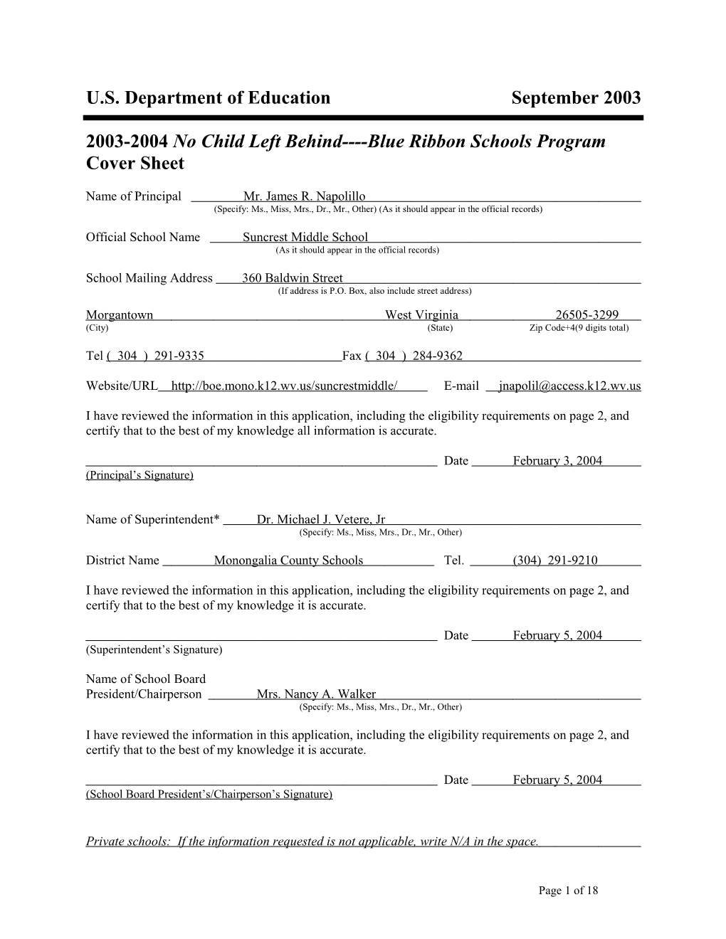 Suncrest Middle School 2004 No Child Left Behind-Blue Ribbon School Application (Msword)