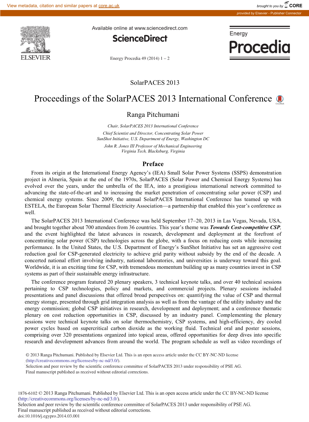 Proceedings of the Solarpaces 2013 International Conference