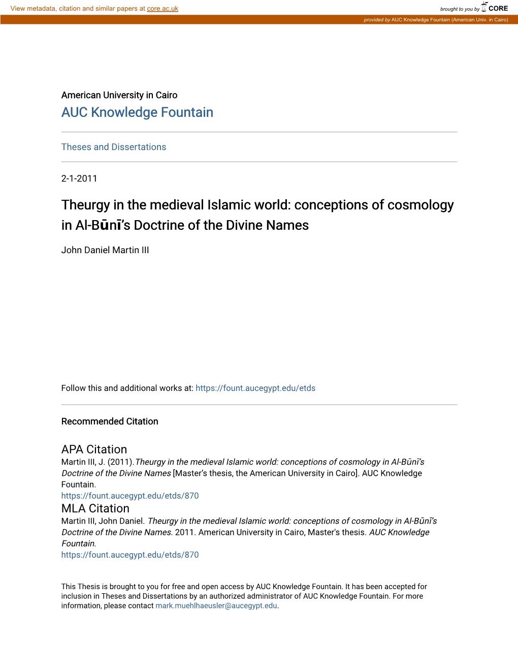 AUC Knowledge Fountain Theurgy in the Medieval Islamic World