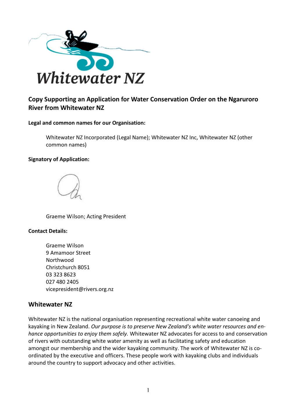 Copy Supporting an Application for Water Conservation Order on the Ngaruroro River from Whitewater NZ