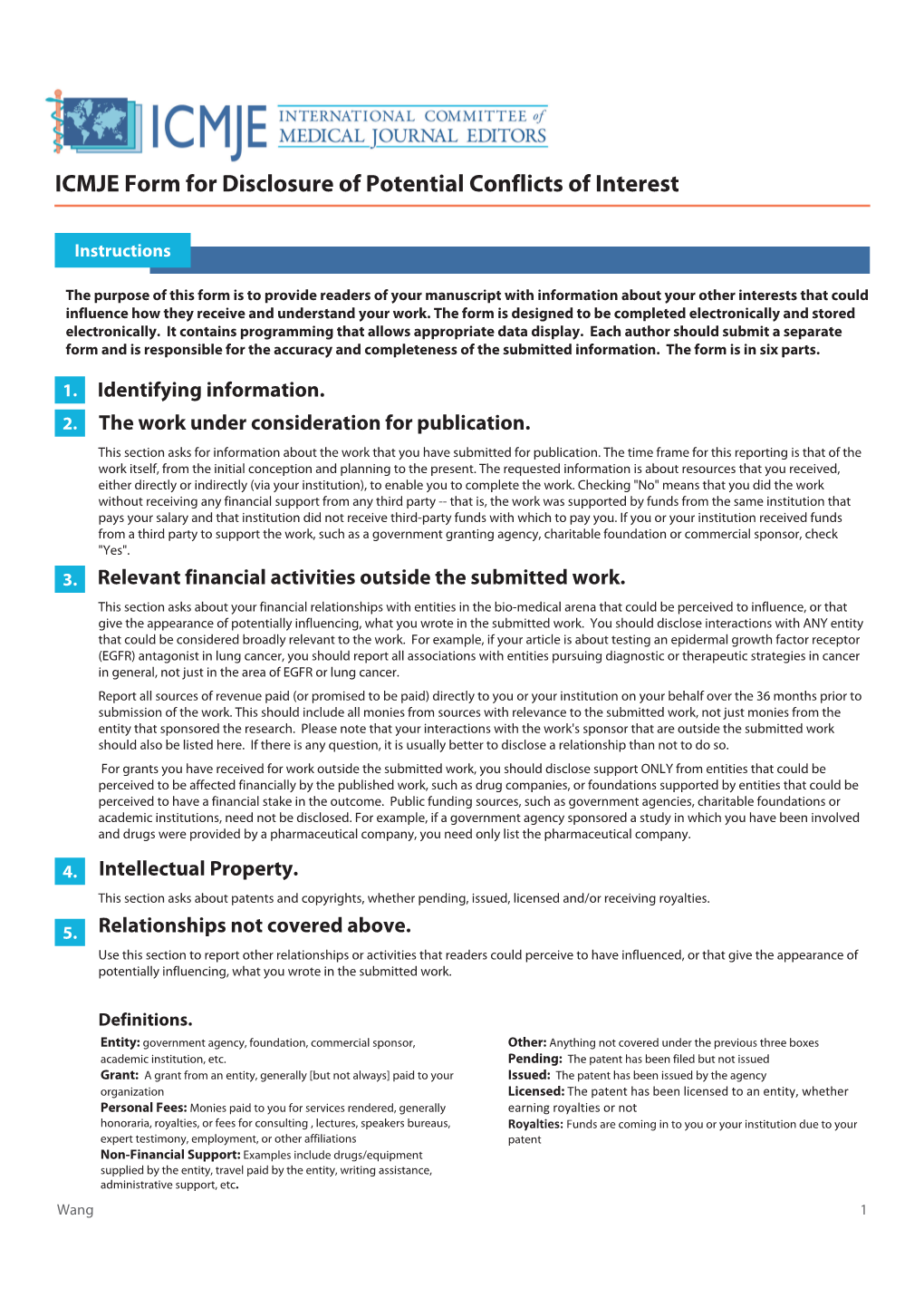 ICMJE Form for Disclosure of Potential Conflicts of Interest