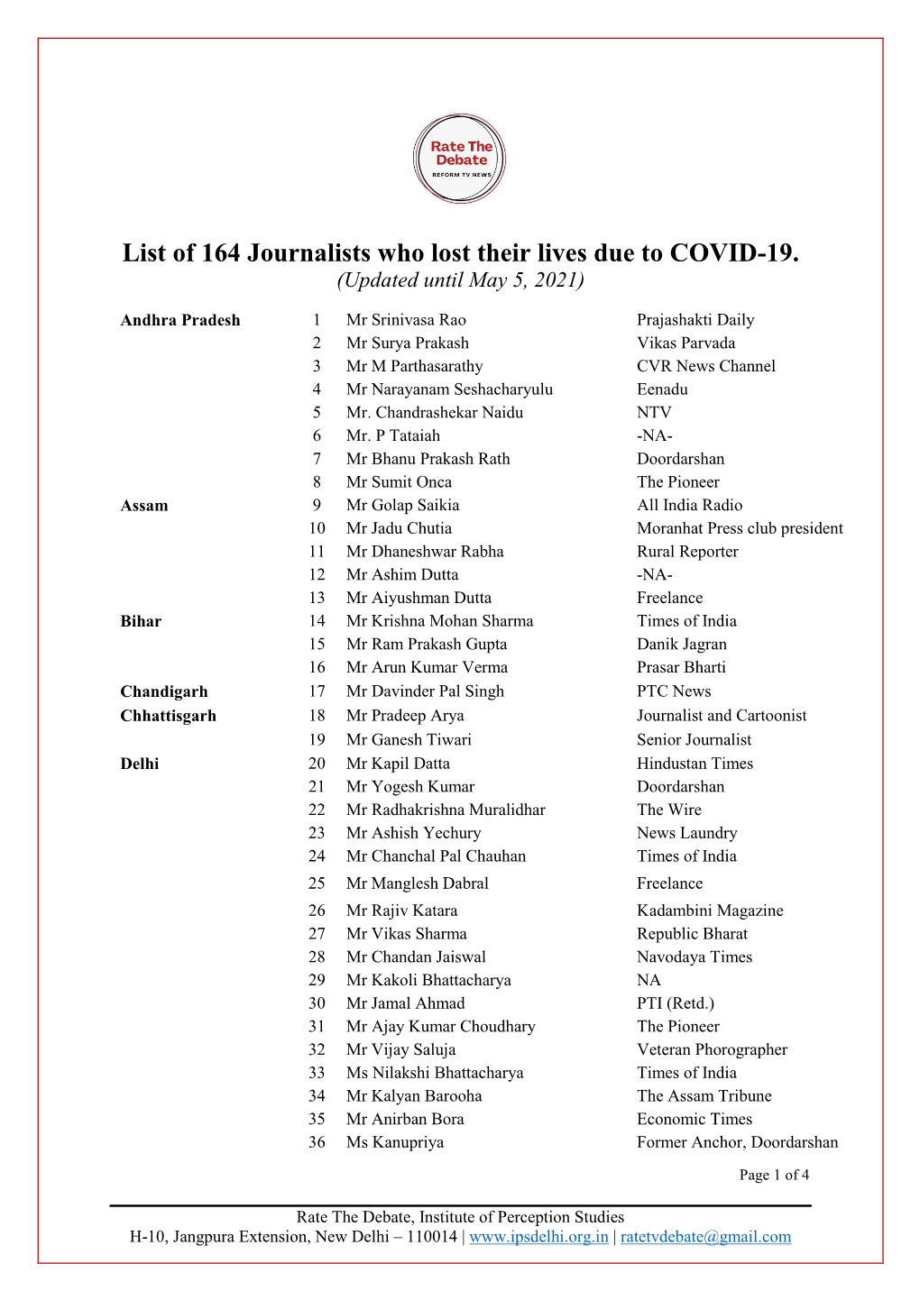 List of 164 Journalists Who Lost Their Lives Due to COVID-19. (Updated Until May 5, 2021)