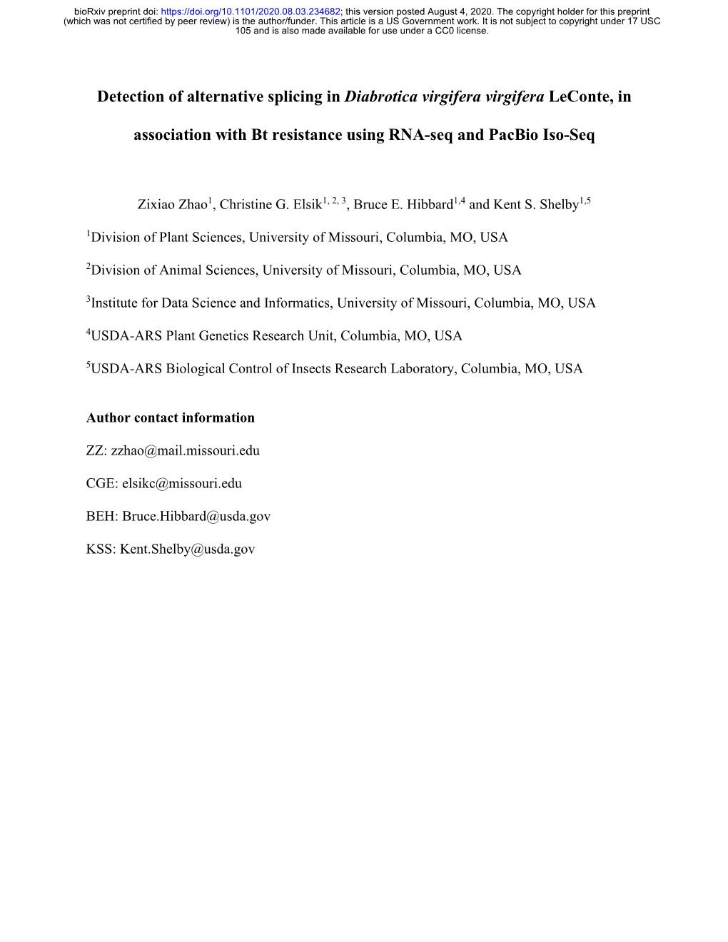 Detection of Alternative Splicing in Diabrotica Virgifera Virgifera Leconte, In