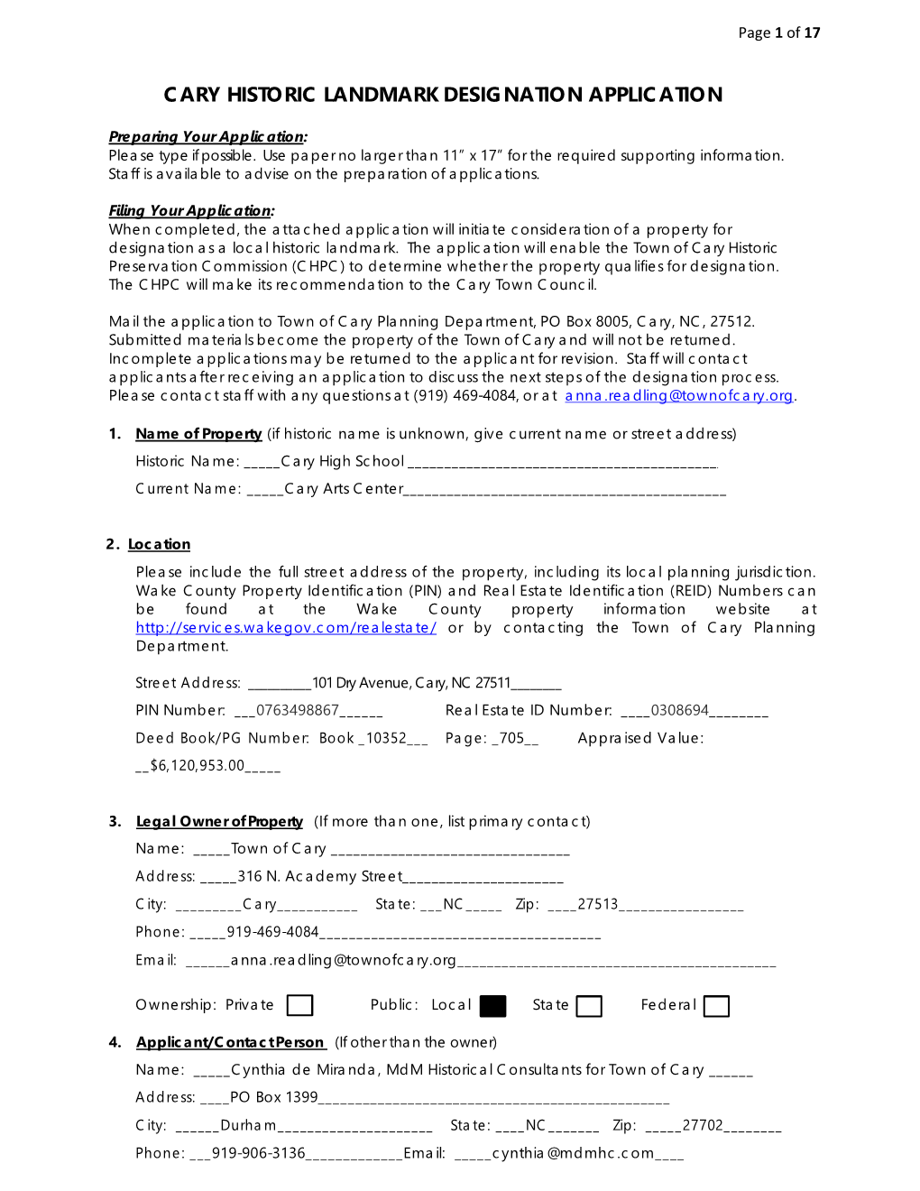 Cary Historic Landmark Designation Application