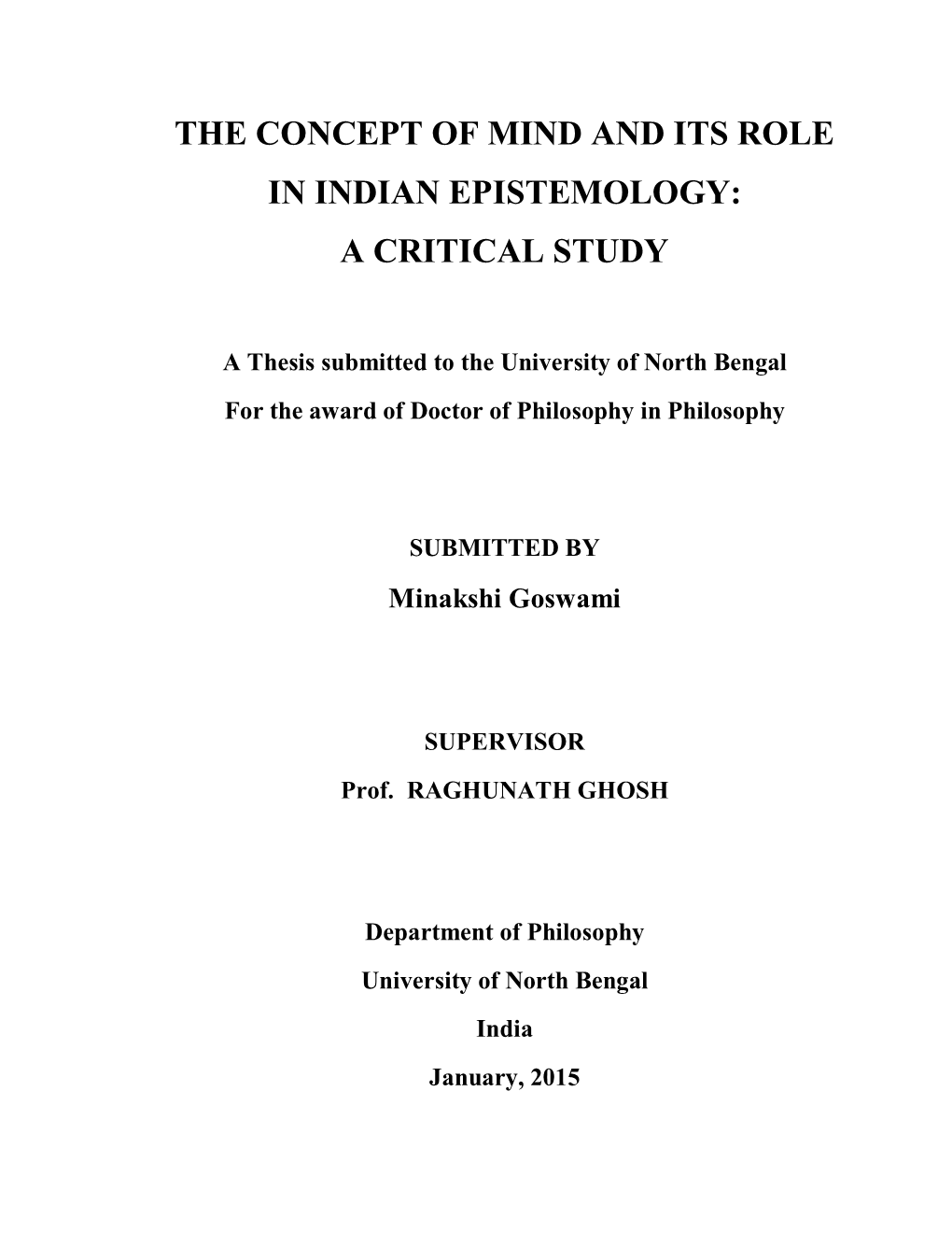 The Concept of Mind and Its Role in Indian Epistemology: a Critical Study