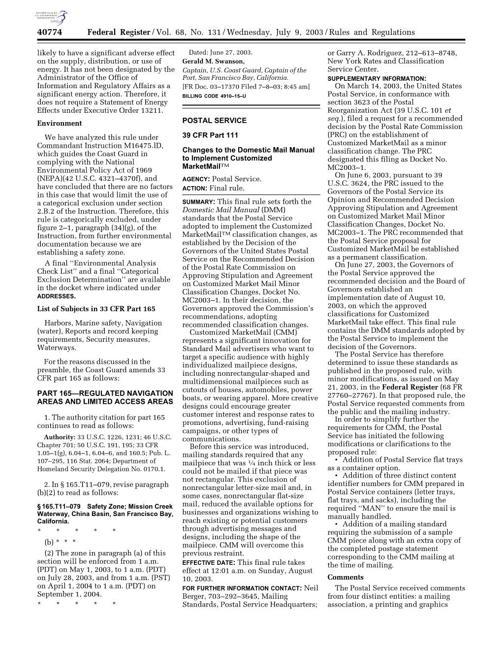 Federal Register/Vol. 68, No. 131/Wednesday, July 9, 2003