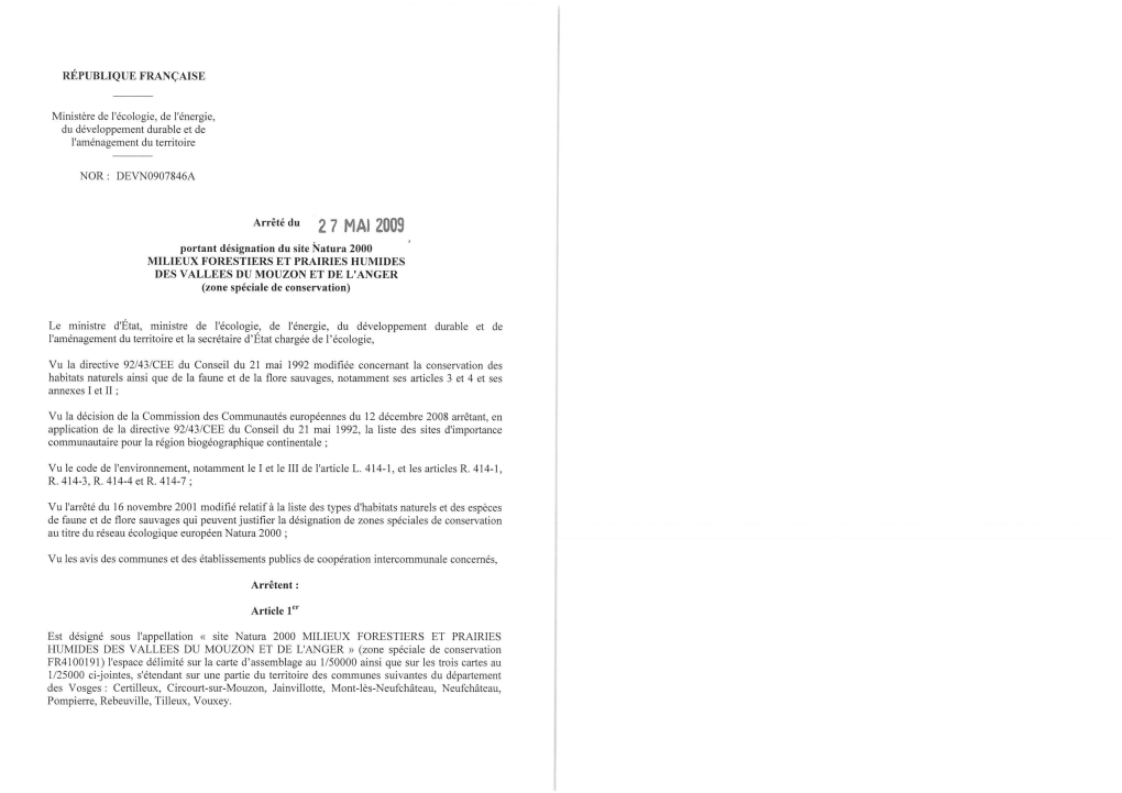 2 7 Mal 2009 Portant Désignation Du Site Natura 2000 MILIEUX FORESTIERS ET PRAIRIES HUMIDES DES VALLEES DU MOUZON ET DE L'anger (Zone Spéciale De Conservation)