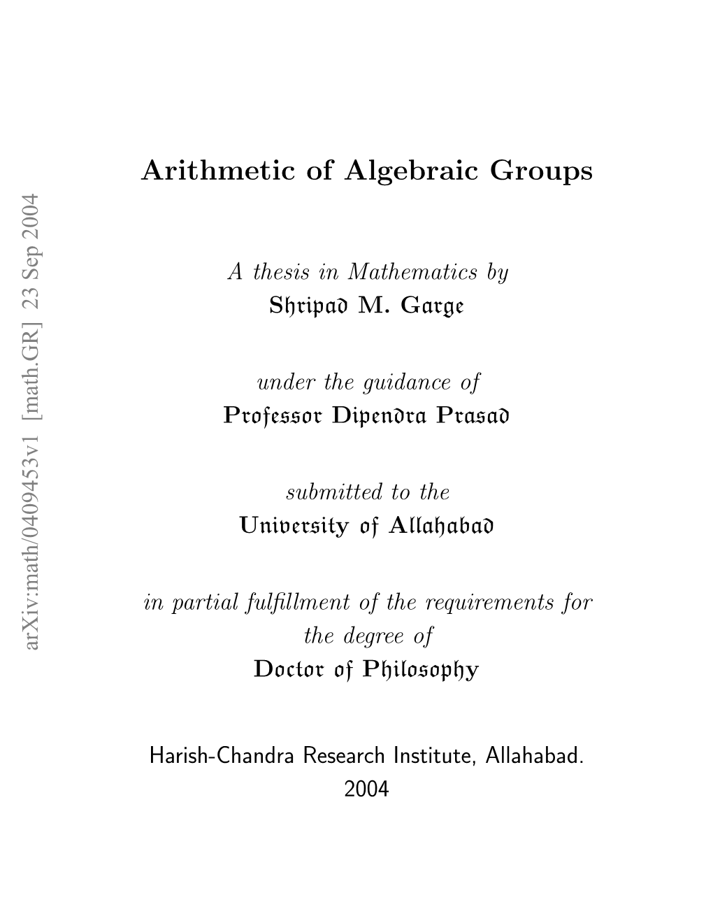 Arithmetic of Algebraic Groups” Submitted by Shripad M