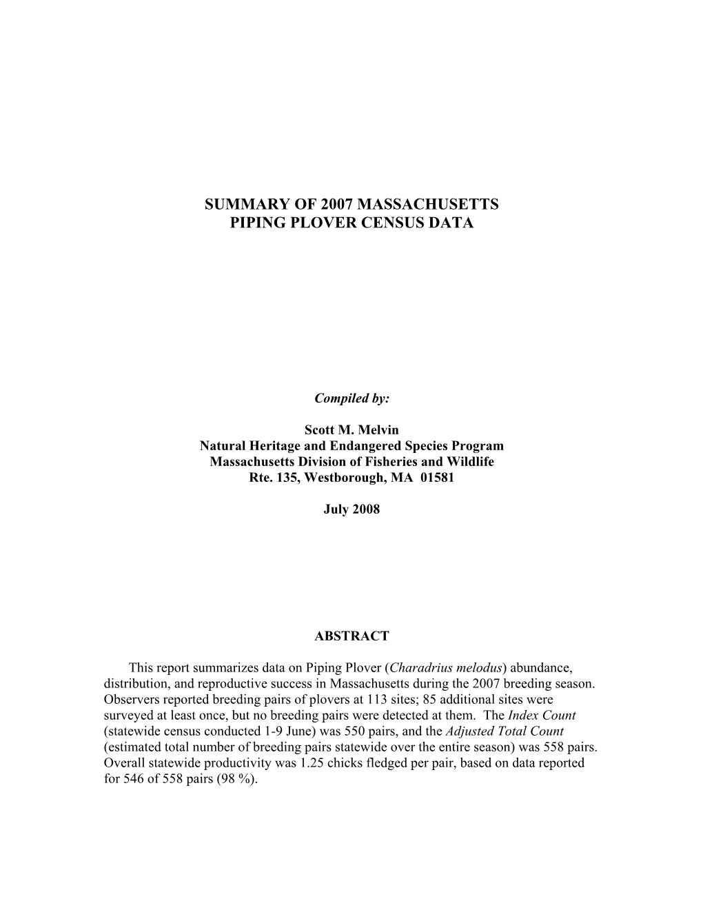 Summary of 2007 Massachusetts Piping Plover Census Data