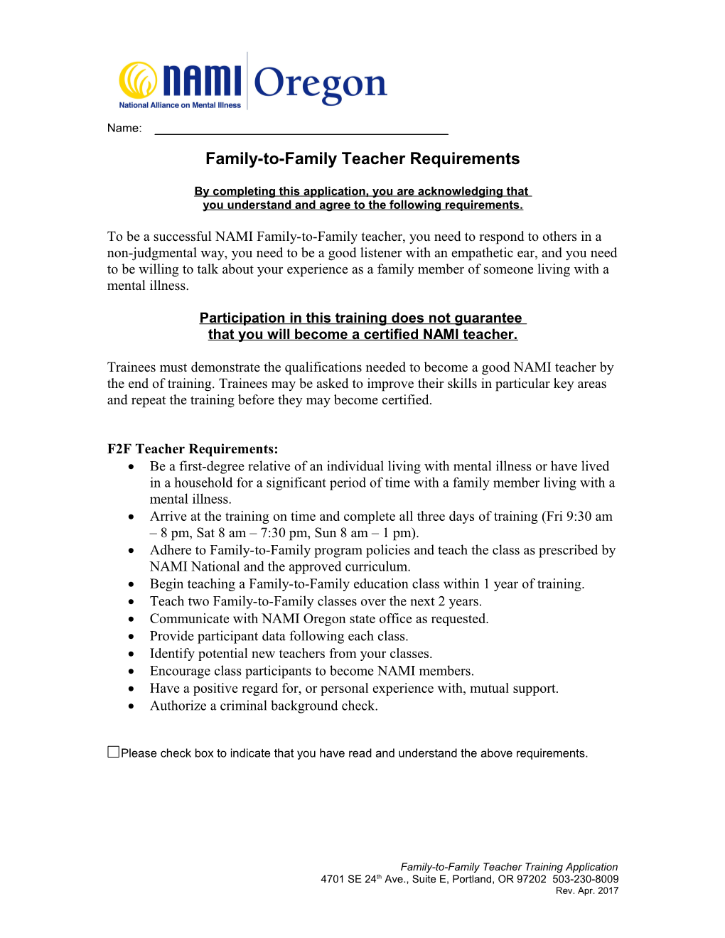 Family-To-Family Teacher Requirements