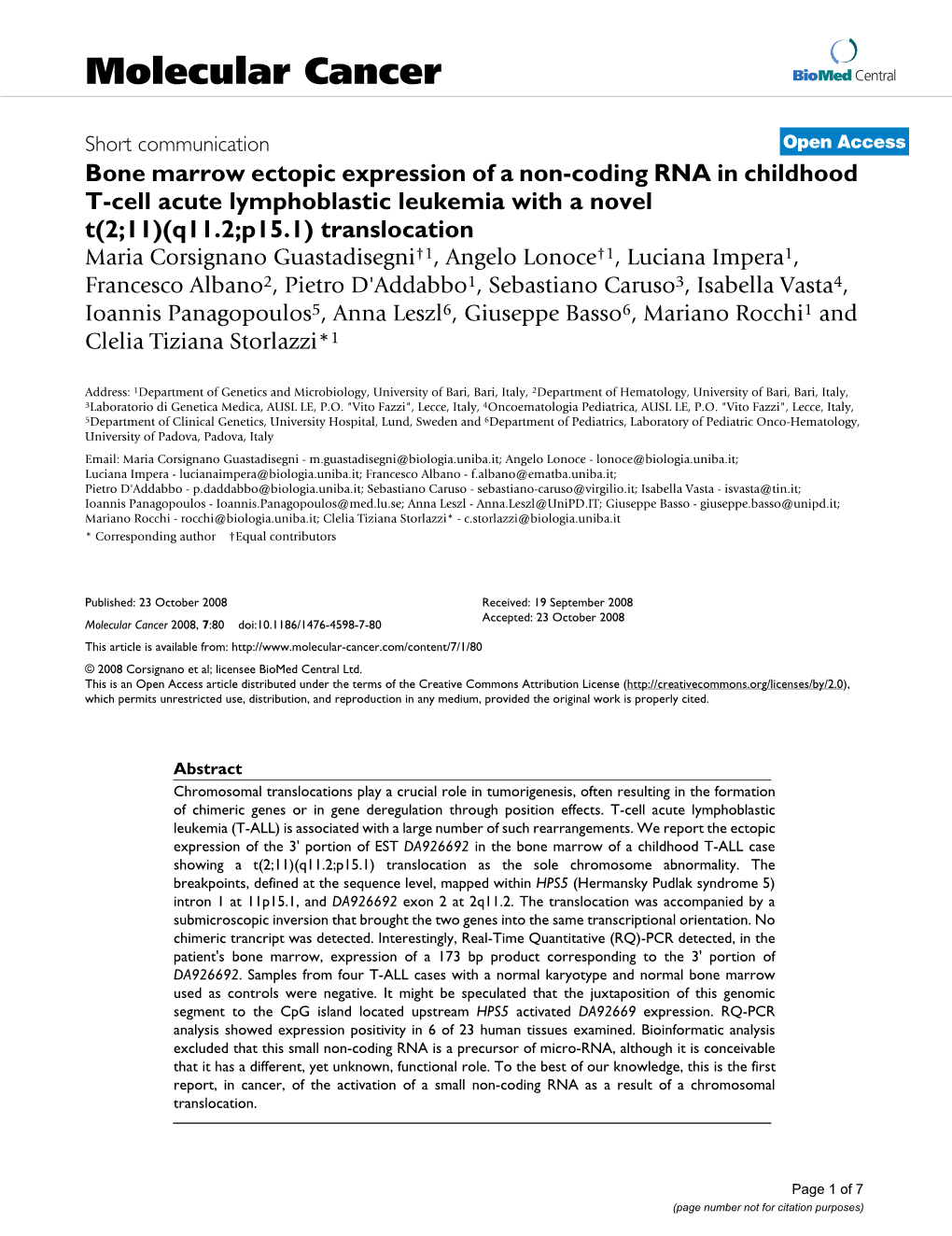 Molecular Cancer Biomed Central