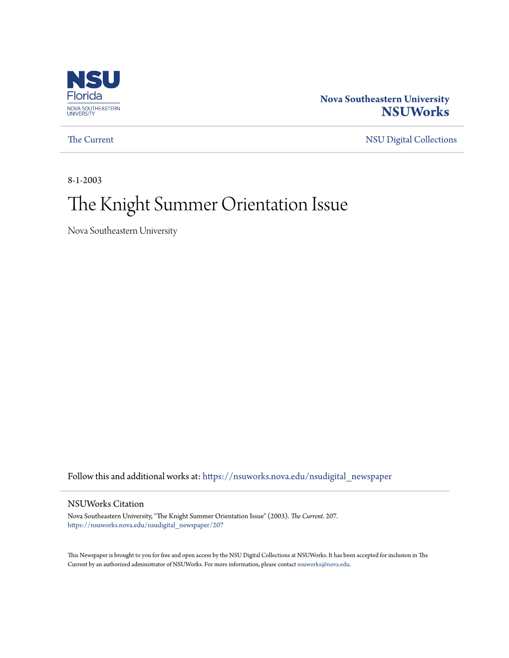 The Knight Summer Orientation Issue Nova Southeastern University