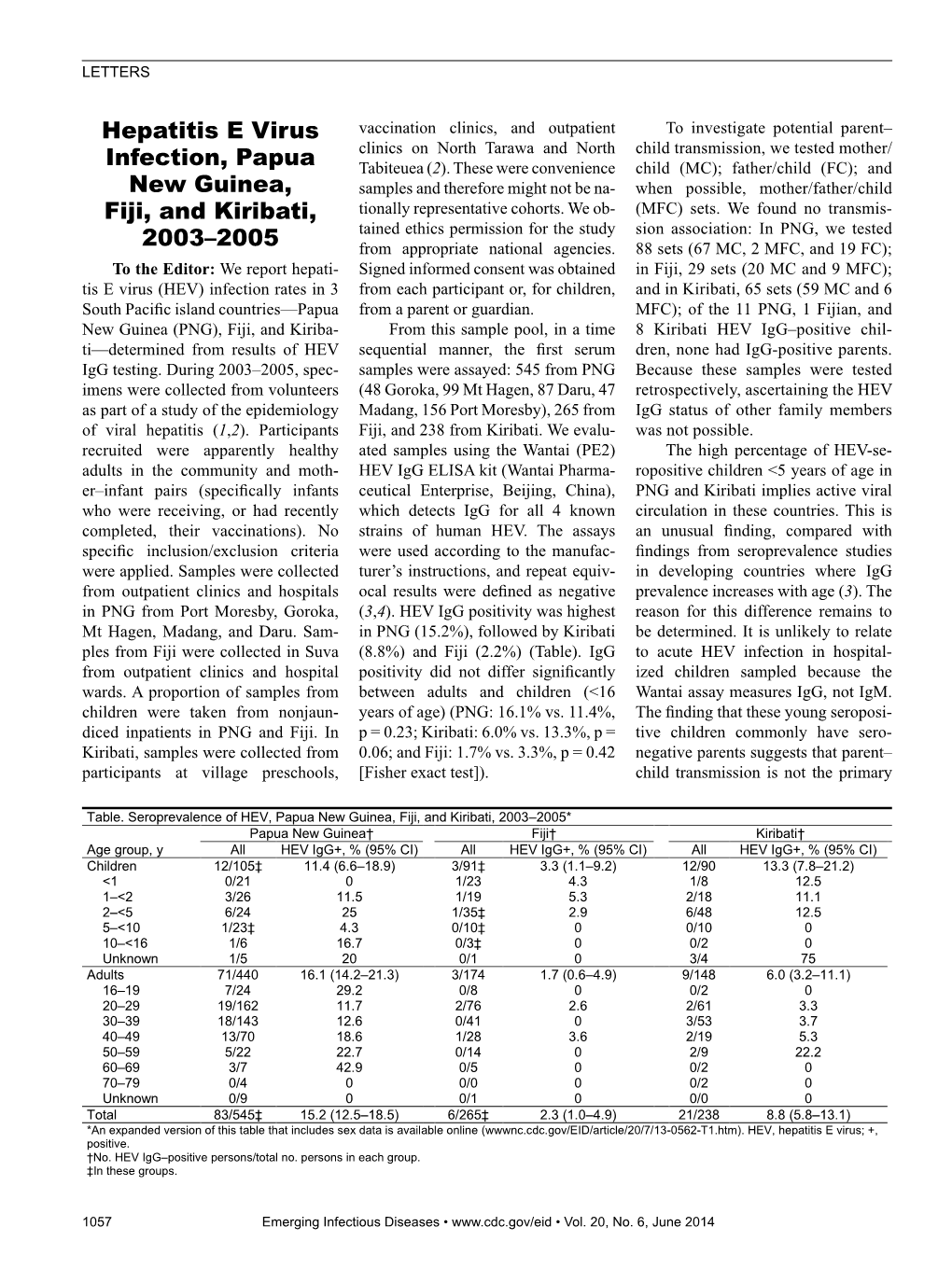 Hepatitis E Virus Infection, Papua New Guinea, Fiji, and Kiribati, 2003–2005