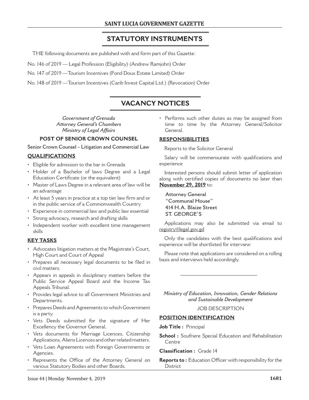 Vacancy Notices Statutory Instruments