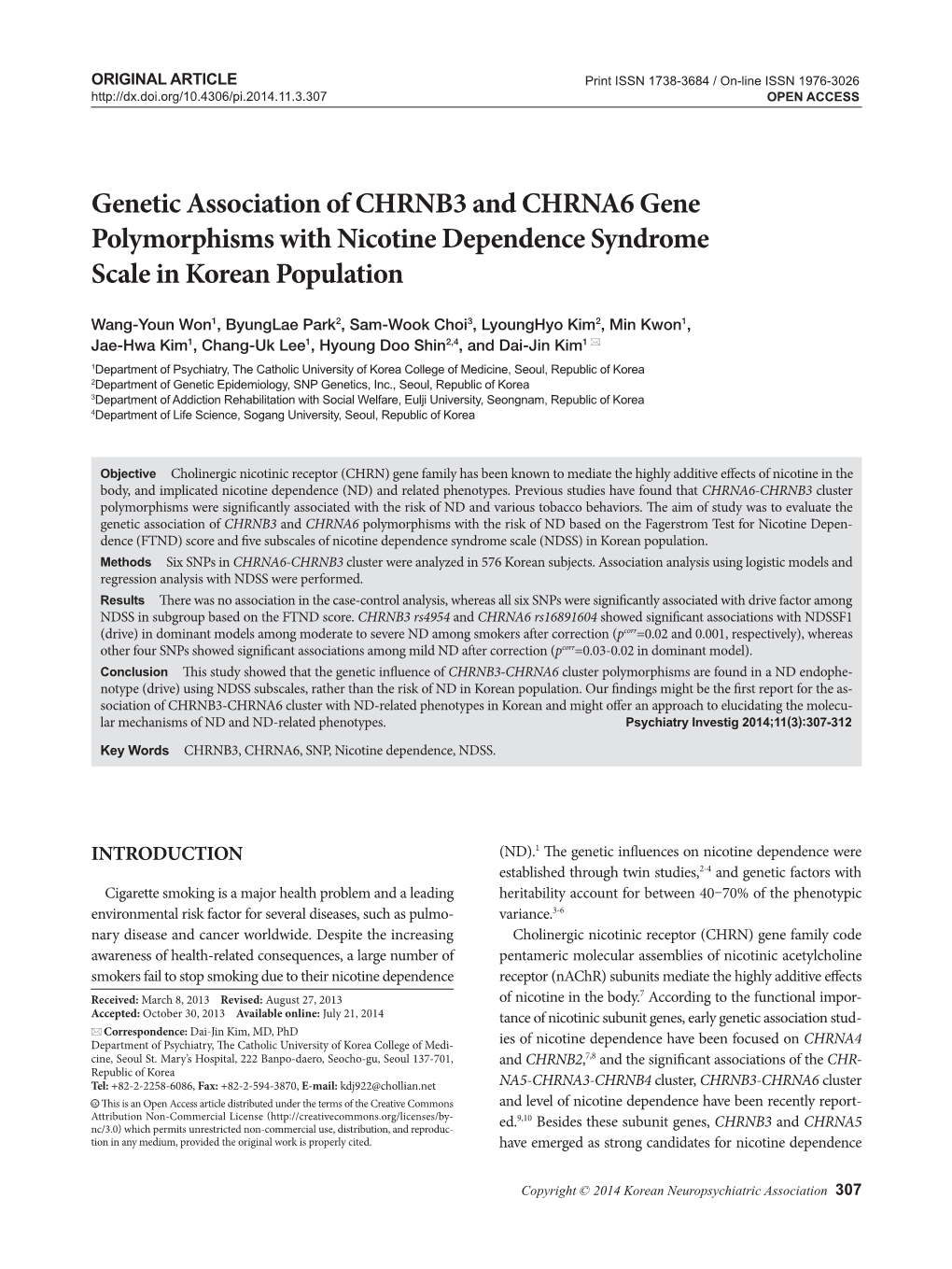 Genetic Association of CHRNB3 and CHRNA6 Gene Polymorphisms with Nicotine Dependence Syndrome Scale in Korean Population