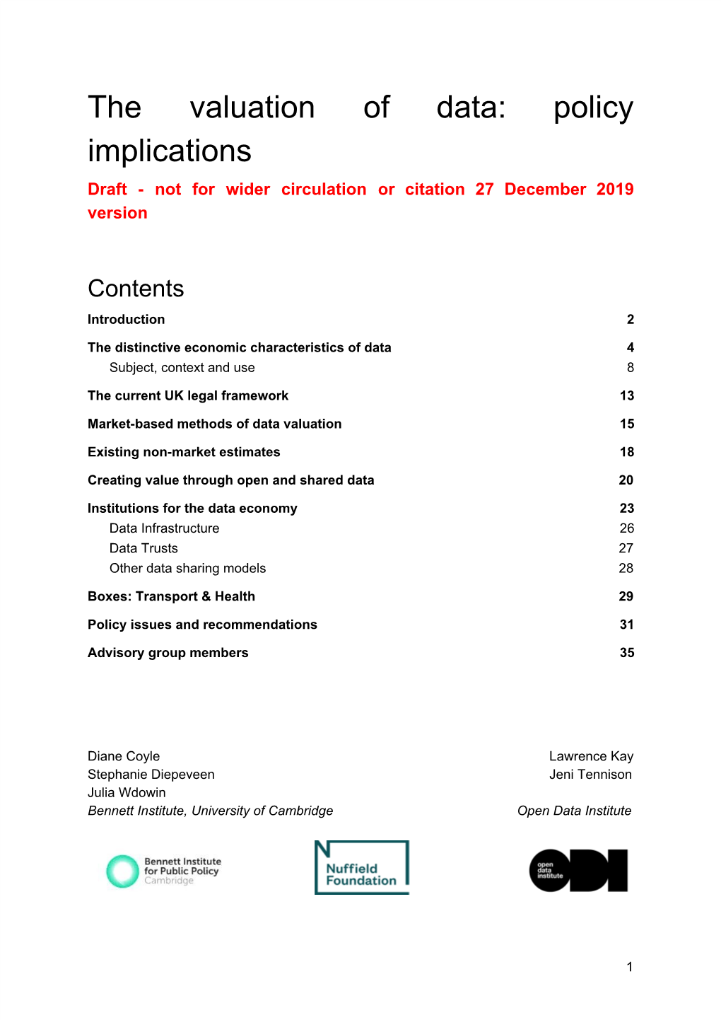 The Valuation of Data: Policy Implications Draft - Not for Wider Circulation Or Citation 27 December 2019 Version