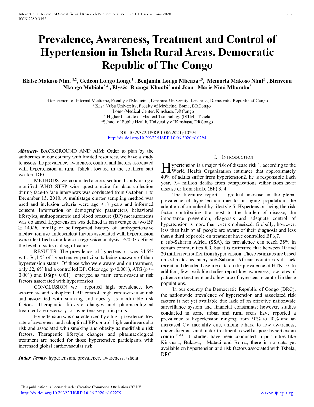 Prevalence, Awareness, Treatment and Control of Hypertension in Tshela Rural Areas. Democratic Republic of the Congo