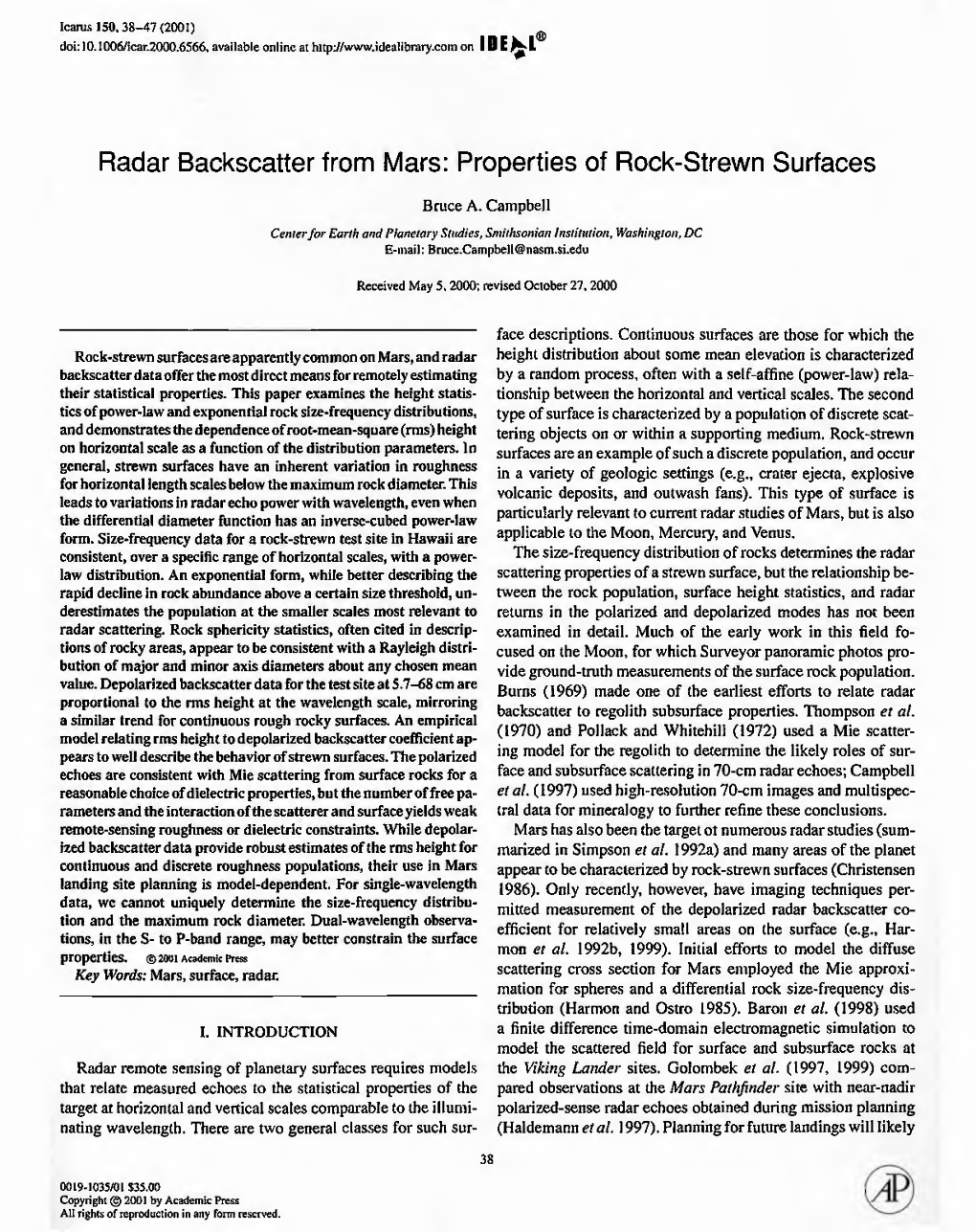 Radar Backscatter from Mars: Properties of Rock-Strewn Surfaces