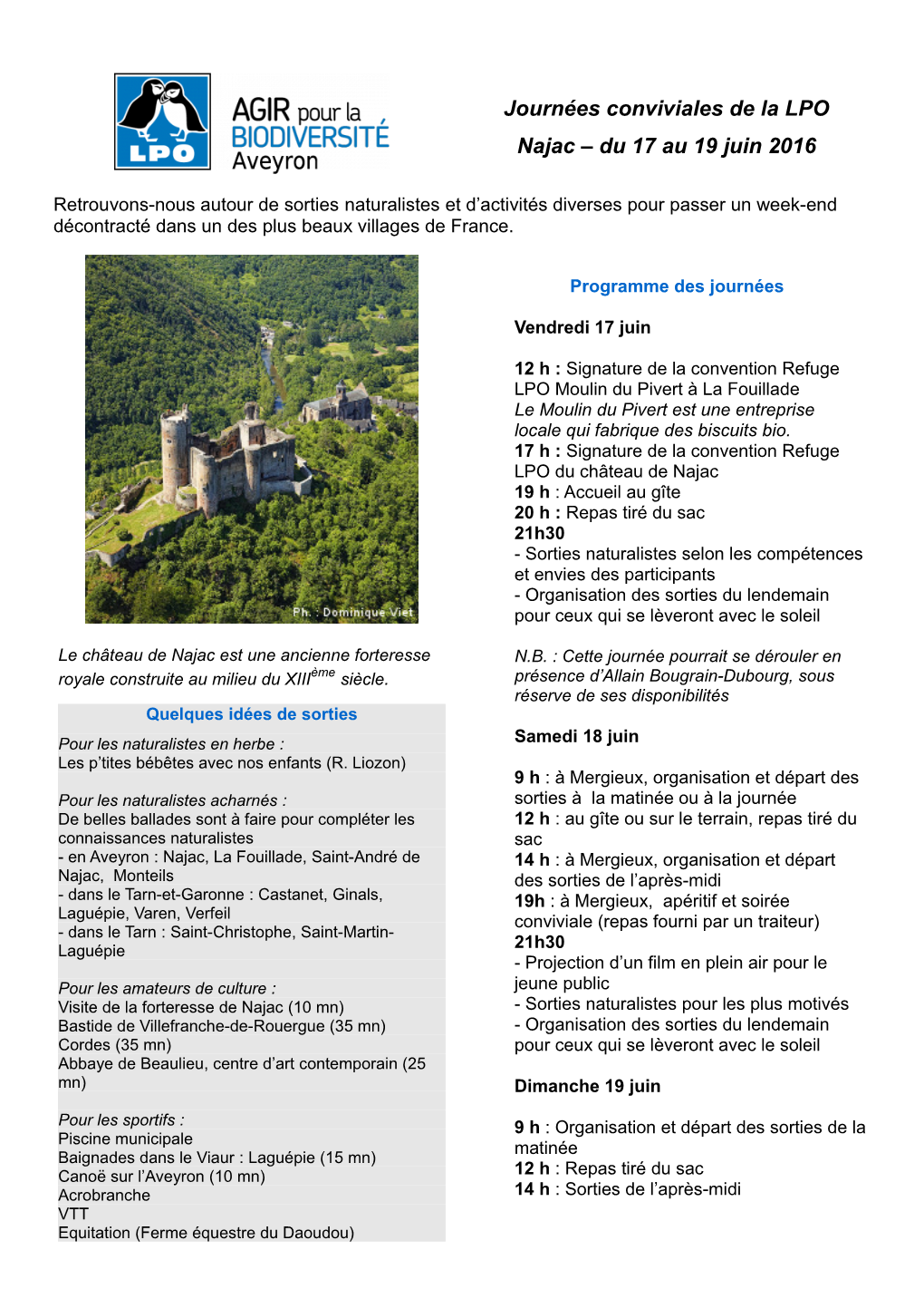 Journées Conviviales De La LPO Najac – Du 17 Au 19 Juin 2016