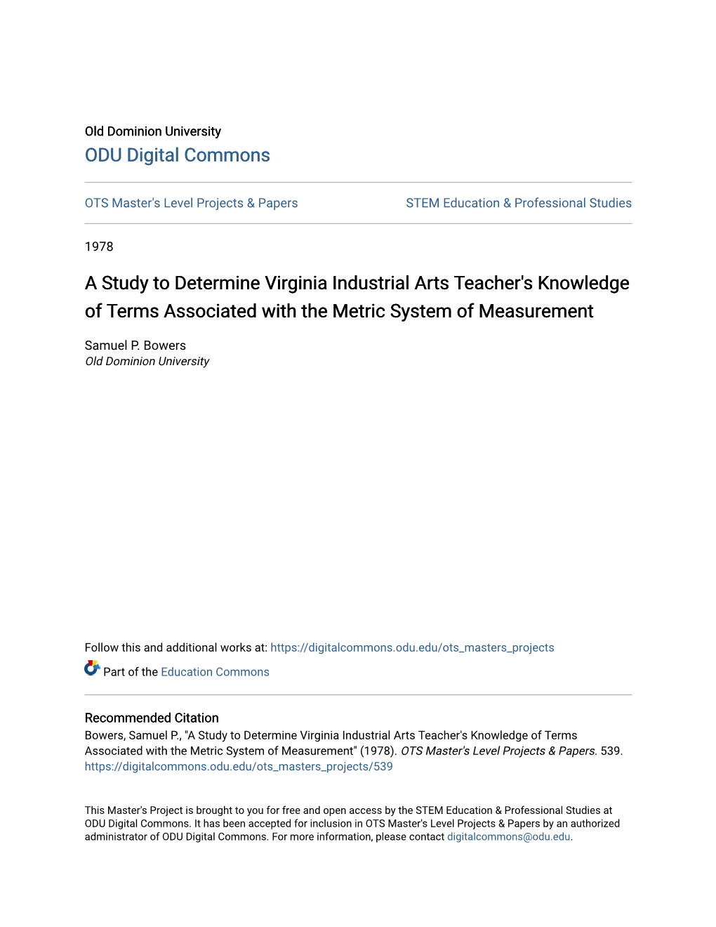 A Study to Determine Virginia Industrial Arts Teacher's Knowledge of Terms Associated with the Metric System of Measurement