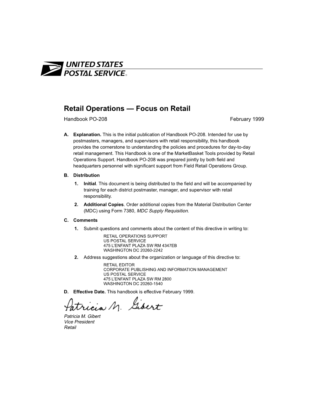 Retail Operations — Focus on Retail Handbook PO-208 February 1999