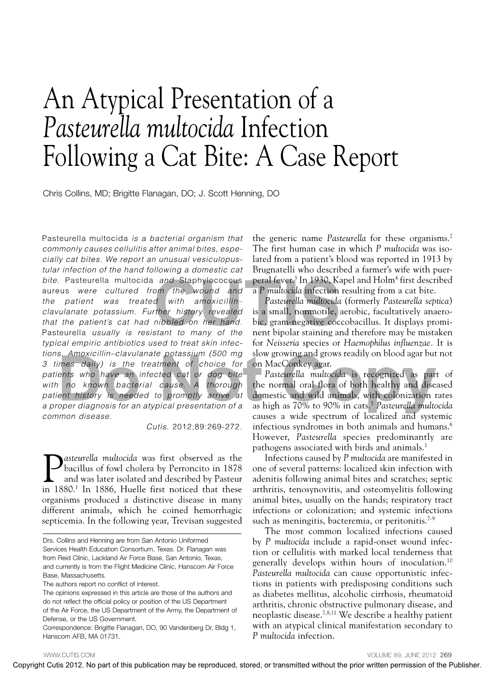 An Atypical Presentation of a Pasteurella Multocida Infection Following a Cat Bite: a Case Report