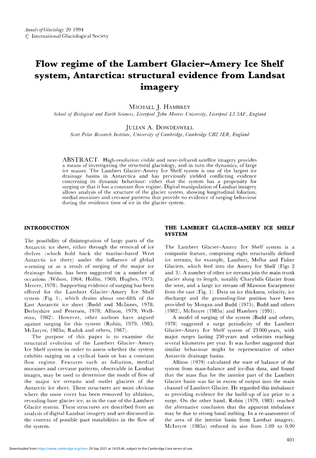 Flow Regime of the Lambert Glacier-Amery Ice Shelf System, Antarctica: Structural Evidence from Landsat Imagery•