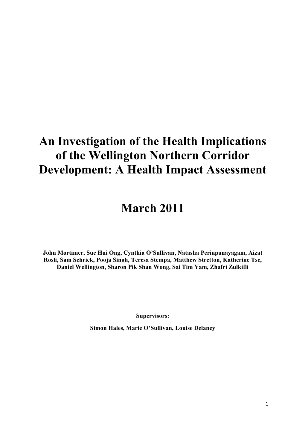 An Investigation of the Health Implications of the Wellington Northern Corridor Development: a Health Impact Assessment