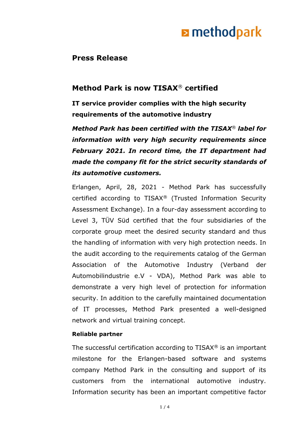 2021-04-28 Method Park TISAX Certified EN.Pdf