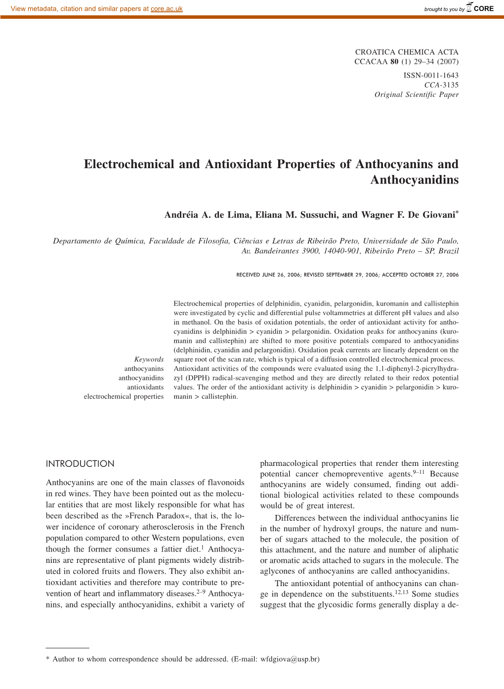 Electrochemical and Antioxidant Properties of Anthocyanins and Anthocyanidins