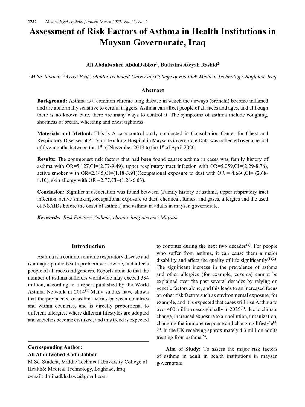 Assessment of Risk Factors of Asthma in Health Institutions in Maysan Governorate, Iraq