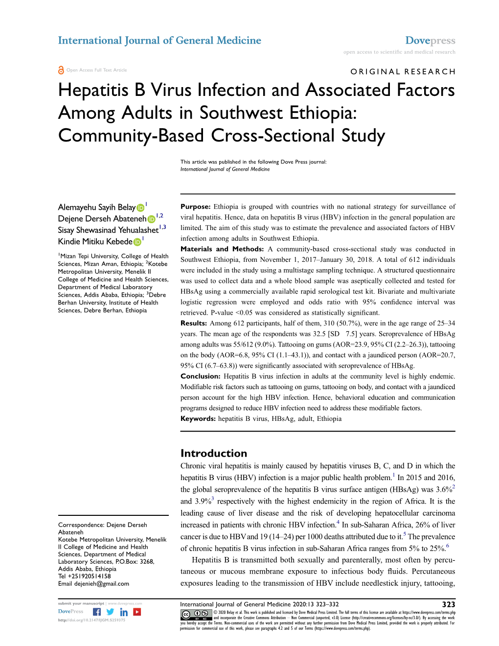 Hepatitis B Virus Infection and Associated Factors Among Adults in Southwest Ethiopia: Community-Based Cross-Sectional Study