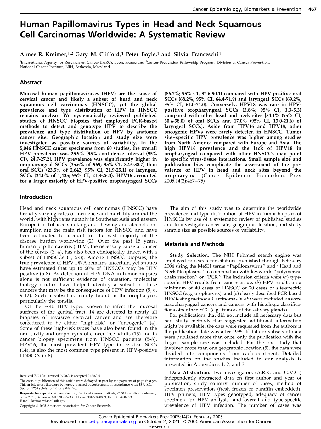 Human Papillomavirus Types in Head and Neck Squamous Cell Carcinomas Worldwide: a Systematic Review