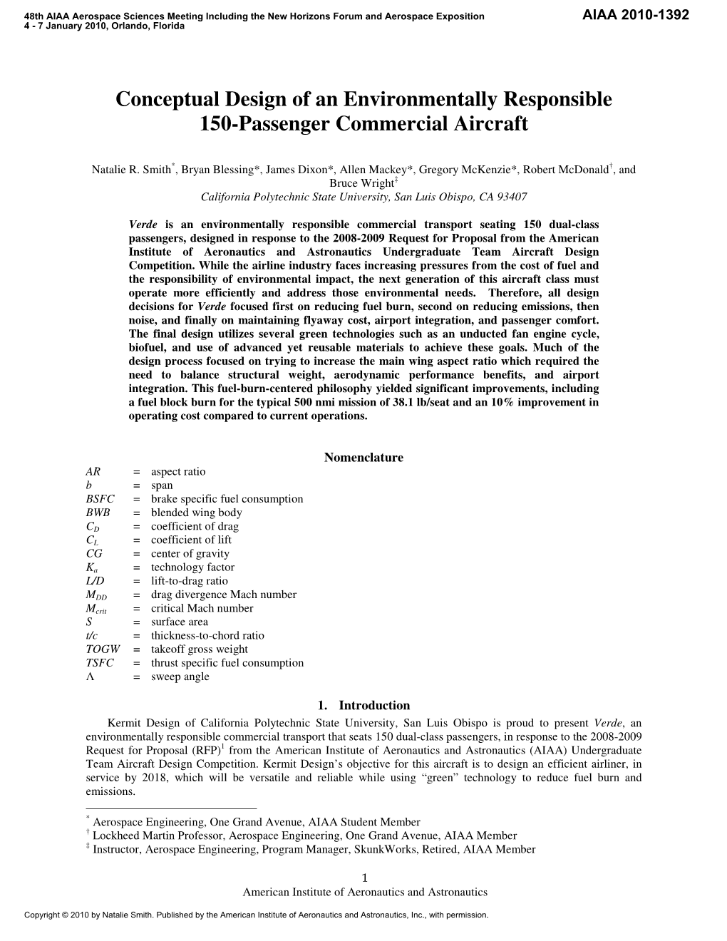 Conceptual Design of an Environmentally Responsible 150-Passenger Commercial Aircraft
