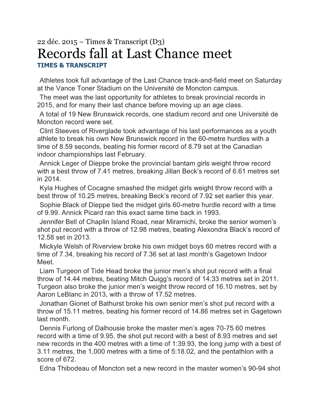 Records Fall at Last Chance Meet TIMES & TRANSCRIPT