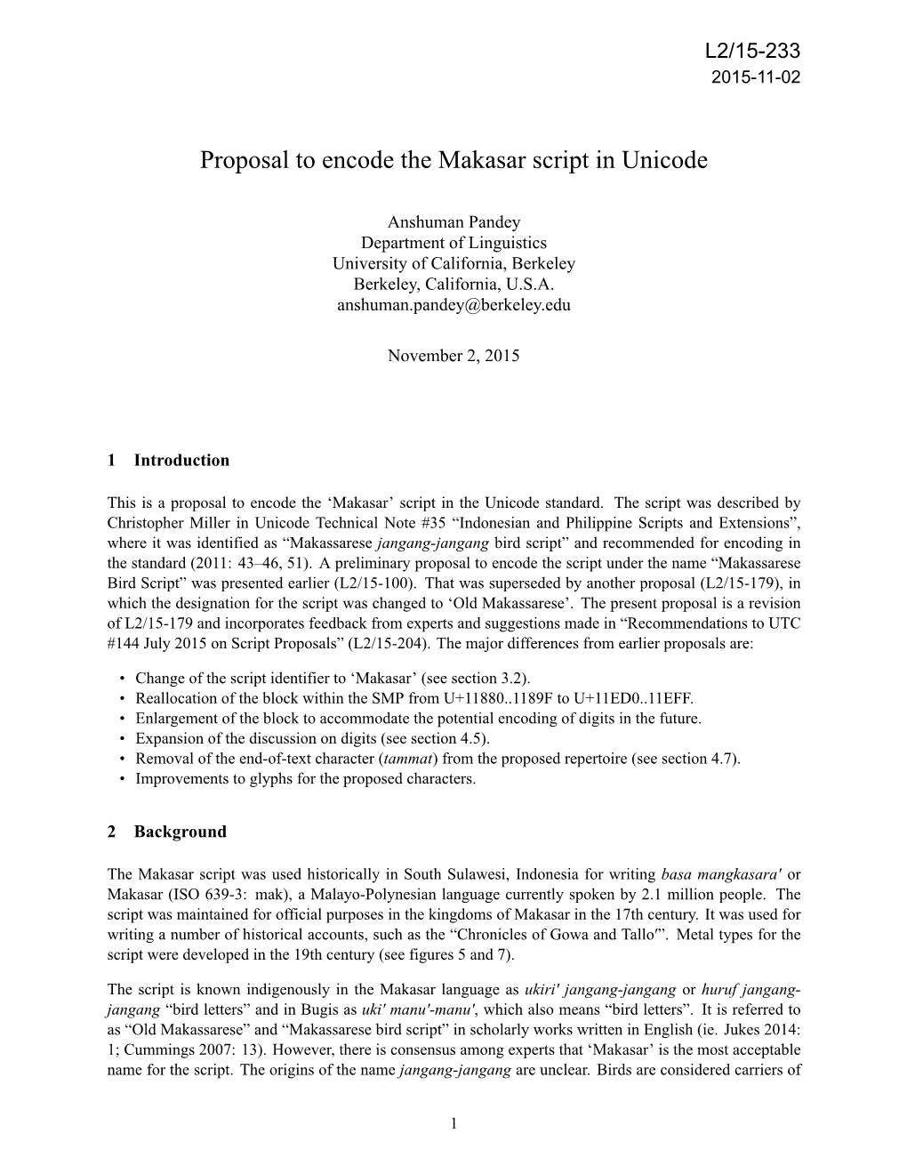 Proposal to Encode the Makasar Script in Unicode