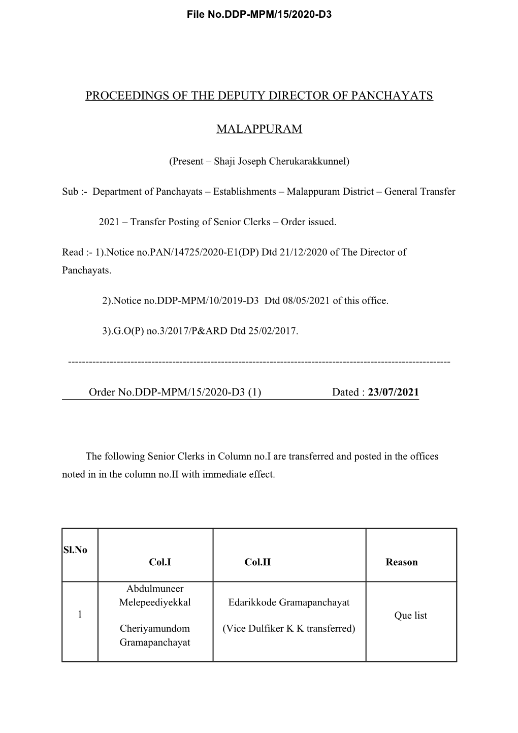 Proceedings of the Deputy Director of Panchayats