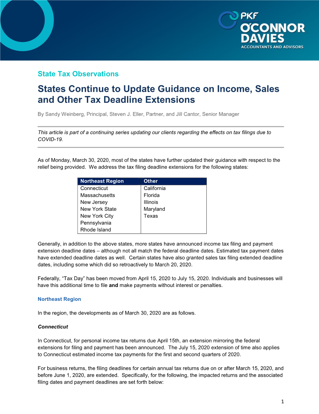 States Continue to Update Guidance on Income, Sales and Other Tax Deadline Extensions