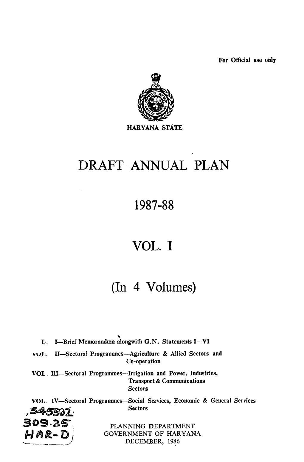 DRAFT ANNUAL PLAN 1987-88 VOL. I (In 4 Volumes)