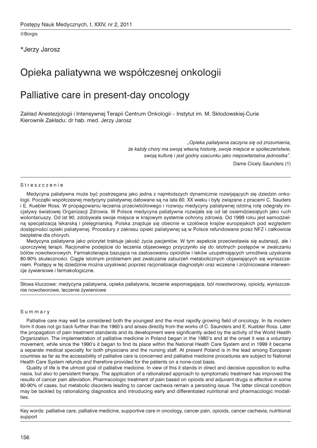 Opieka Paliatywna We Współczesnej Onkologii Palliative Care in Present