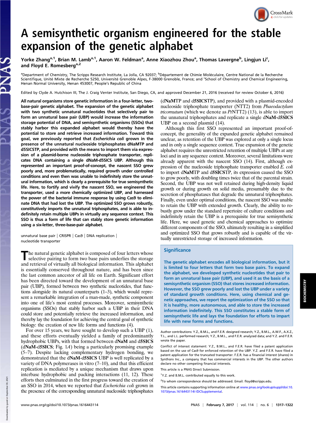 A Semisynthetic Organism Engineered for the Stable Expansion of the Genetic Alphabet