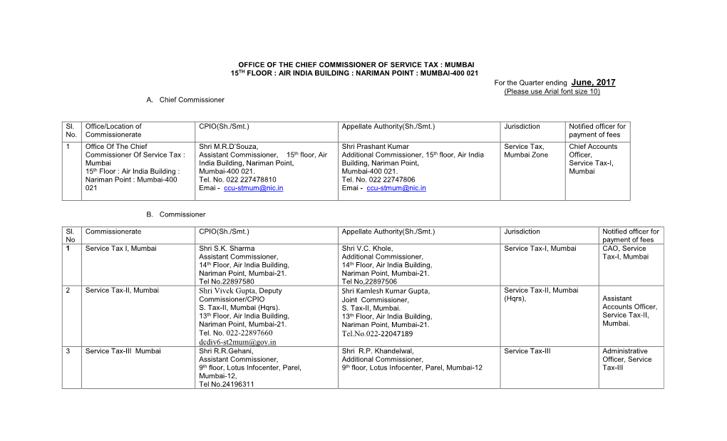MUMBAI 15TH FLOOR : AIR INDIA BUILDING : NARIMAN POINT : MUMBAI-400 021 for the Quarter Ending June, 2017 (Please Use Arial Font Size 10) A