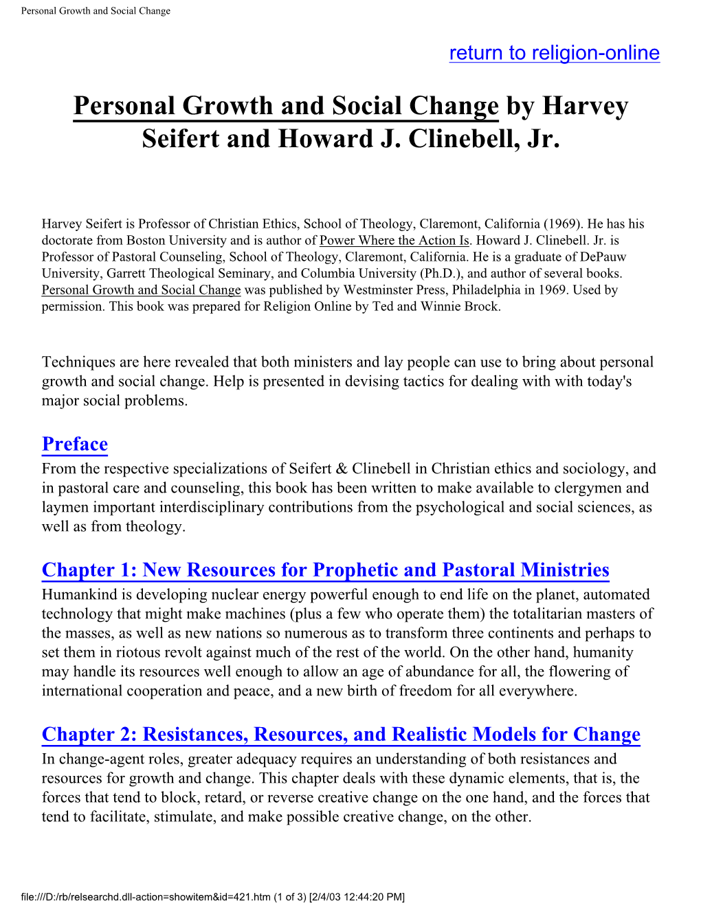 Personal Growth and Social Change by Harvey Seifert and Howard J