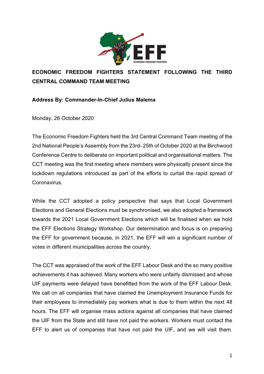 1 Economic Freedom Fighters Statement Following The