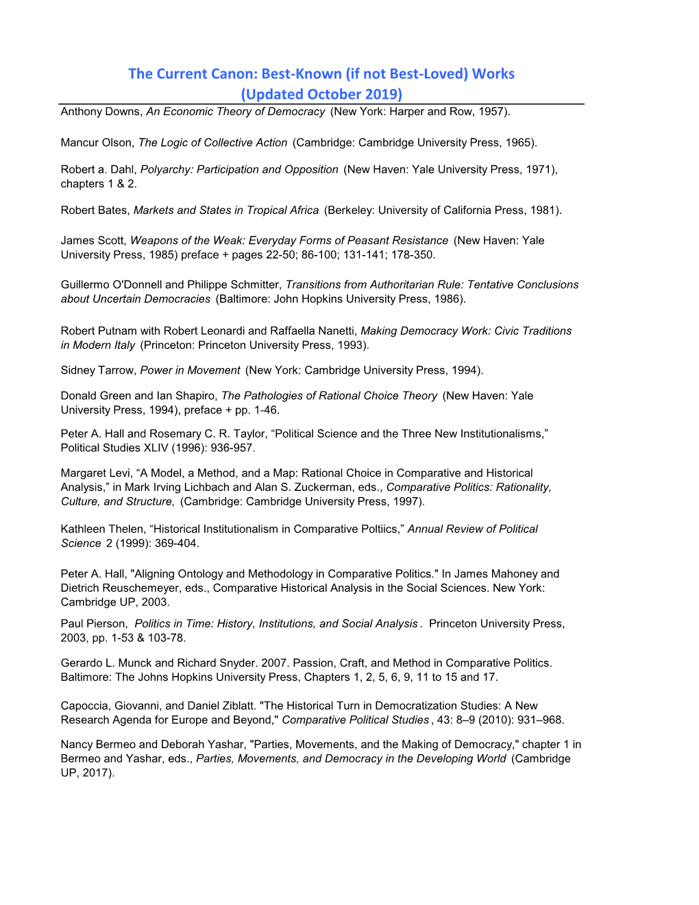 The Current Canon: Best-Known (If Not Best-Loved) Works (Updated October 2019) Anthony Downs, an Economic Theory of Democracy (New York: Harper and Row, 1957)